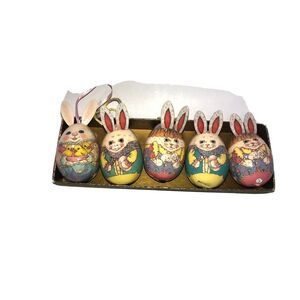 Decoupage Easter Eggs Ornaments  2” tall glazed  bunnies 1989